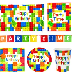 Birthday Building Blocks Party Tableware & Decoration Bundle - 16 Guests