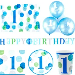 Blue 1st Birthday Party Tableware & Decoration Bundle - 16 Guests