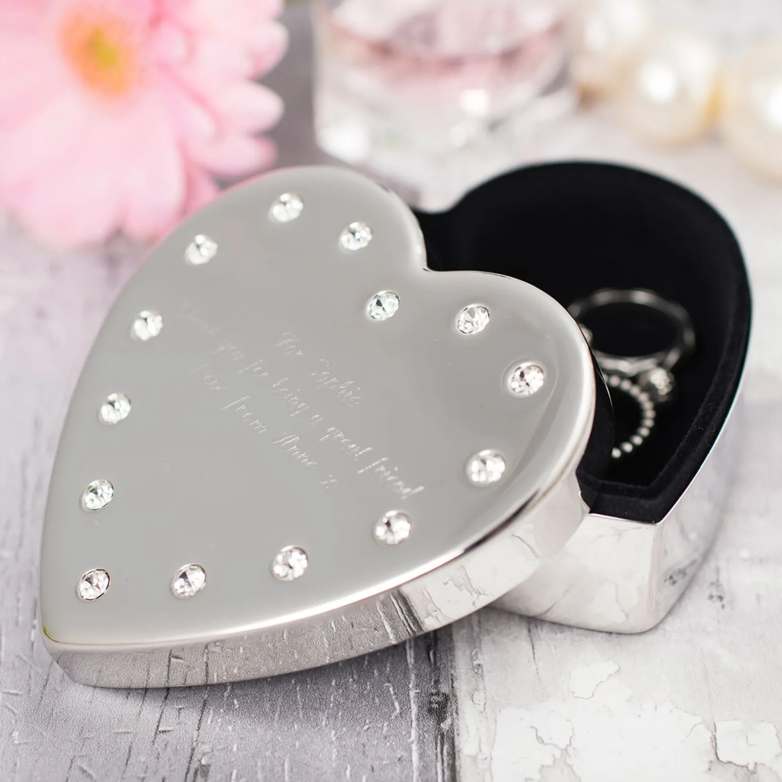 Engraved Diamante Heart-Shaped Jewellery Box - Birthday