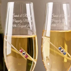 Engraved Pink & Blue Swarovski Crystal Champagne Flute Pair