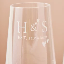 Engraved Set Of Two Champagne Flutes embellished with Crystals - Initial Love Hearts