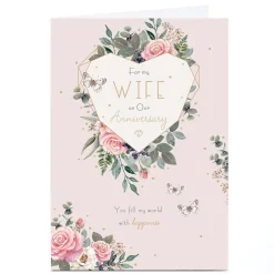 Personalised Anniversary Card - Heart with Roses Fill My World With Happiness, Wife