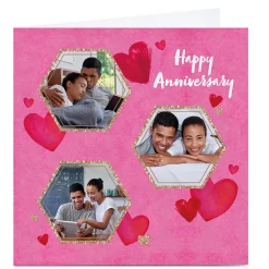 Personalised Anniversary Photo Card - Hearts & Glitter Hexagons