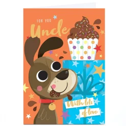 Personalised Birthday Card - Dog Cupcake and Present, Uncle