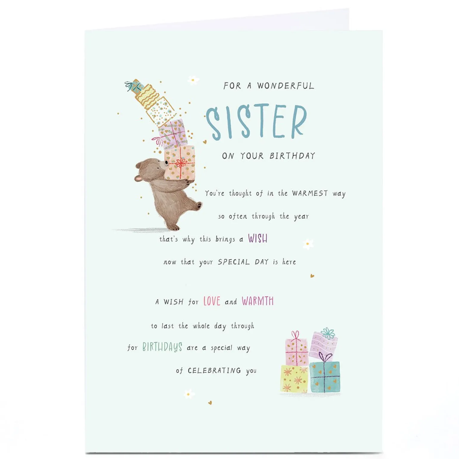 Personalised Birthday Card - Bear with Presents Poem, Sister
