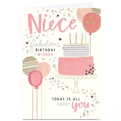 Personalised Birthday Card - Fabulous Pink Cake and Balloons, Niece