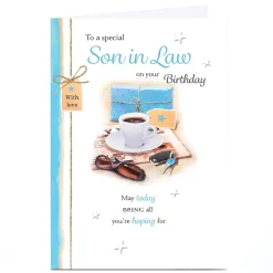 Personalised Birthday Card - Morning Coffee and Present, Son-in-Law