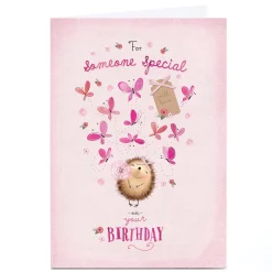 Personalised Birthday Card - Pink Hedgehog Butterflies, Someone Special