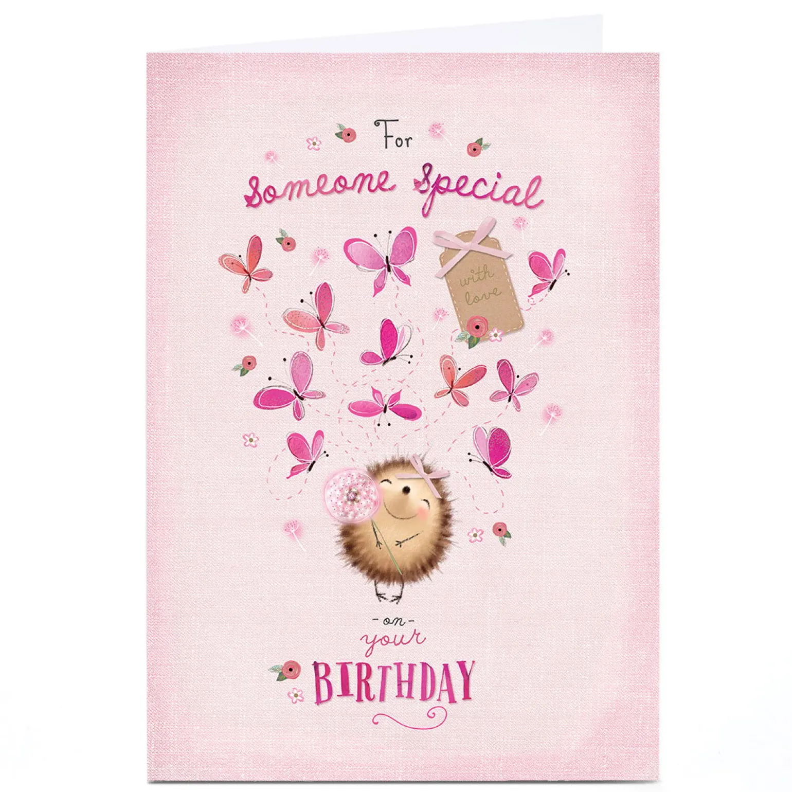 Personalised Birthday Card - Pink Hedgehog Butterflies, Someone Special