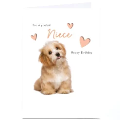 Personalised Birthday Card - Puppy Lovehearts, Niece