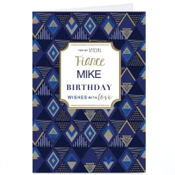 Personalised Birthday Card - Blue & Gold Pattern, Fiance