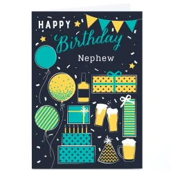 Personalised Birthday Card - Booze, Presents & Balloons, Nephew