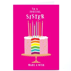 Personalised Birthday Card - Make a Wish Rainbow Cake, Sister