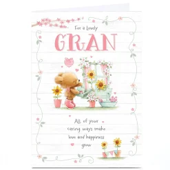 Personalised Birthday Card - Cute Bear with Sunflowers Gardening, Gran