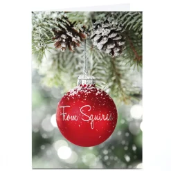 Personalised Business Christmas Card - Red Snowy Bauble