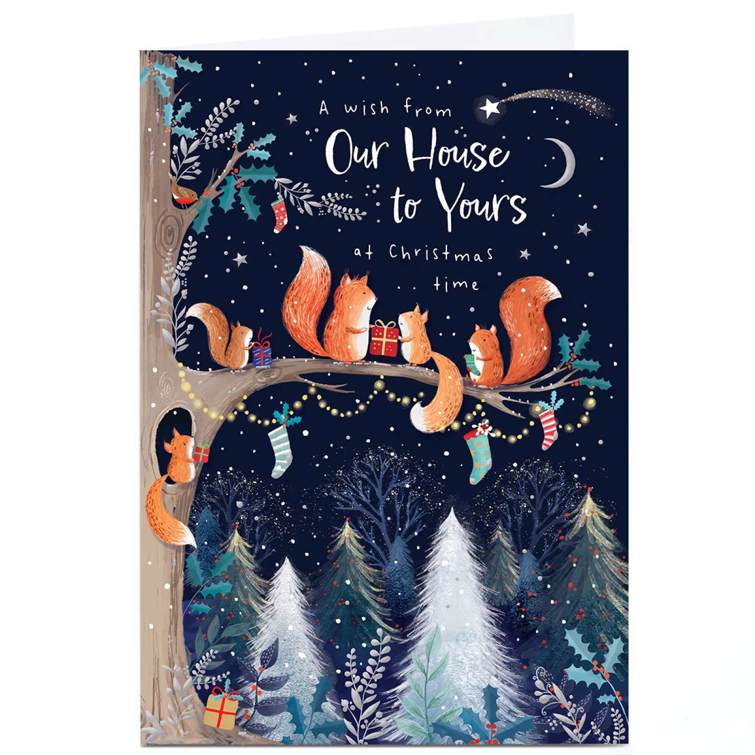 Personalised Christmas Card - Family of Squirrels Tree with Presents, From Our House to Yours
