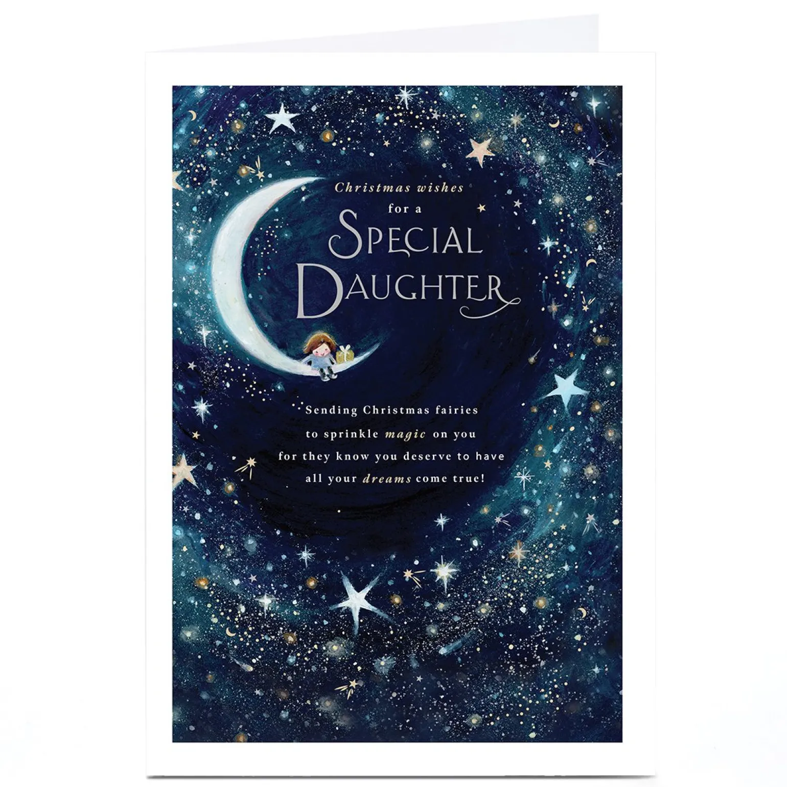 Personalised Christmas Card - Little Girl Sat on The Moon, Daughter
