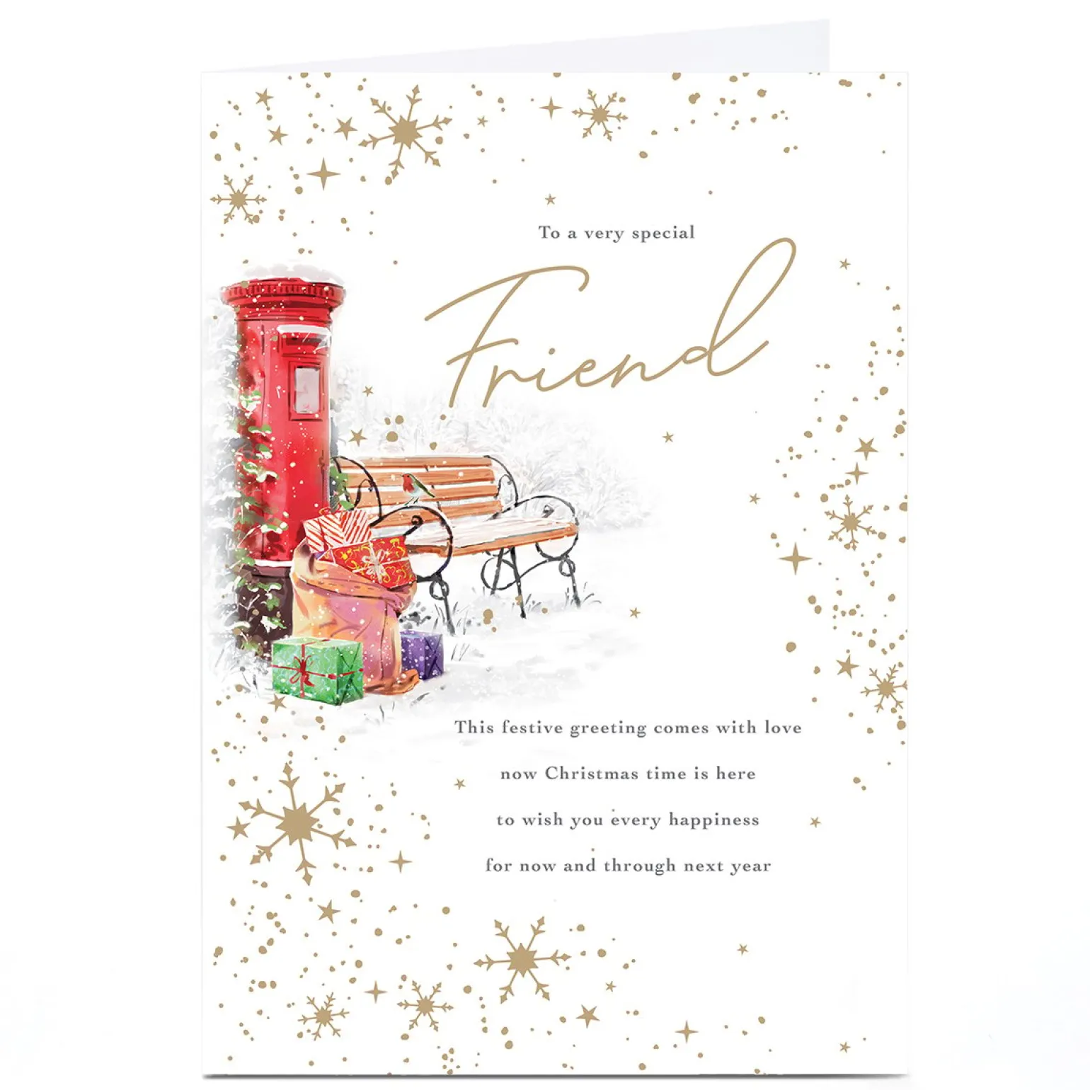 Personalised Christmas Card - Postbox Bench and Presents, Friend