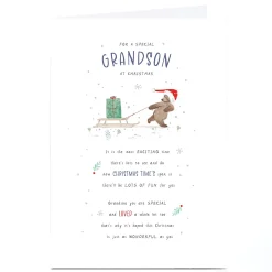 Personalised Christmas Card - Bear Pulling Sledge, Grandson