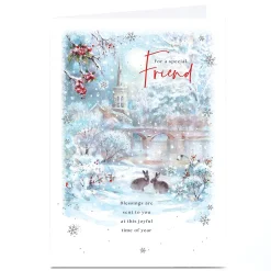 Personalised Christmas Card - Rabbits Snowy Scene, Friend