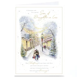 Personalised Christmas Card - Snowy Town Couple Shopping, Son & Daughter in Law
