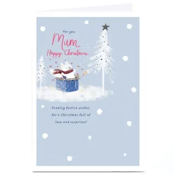 Personalised Christmas Card - White Fox Jumping Out of Present, Mum