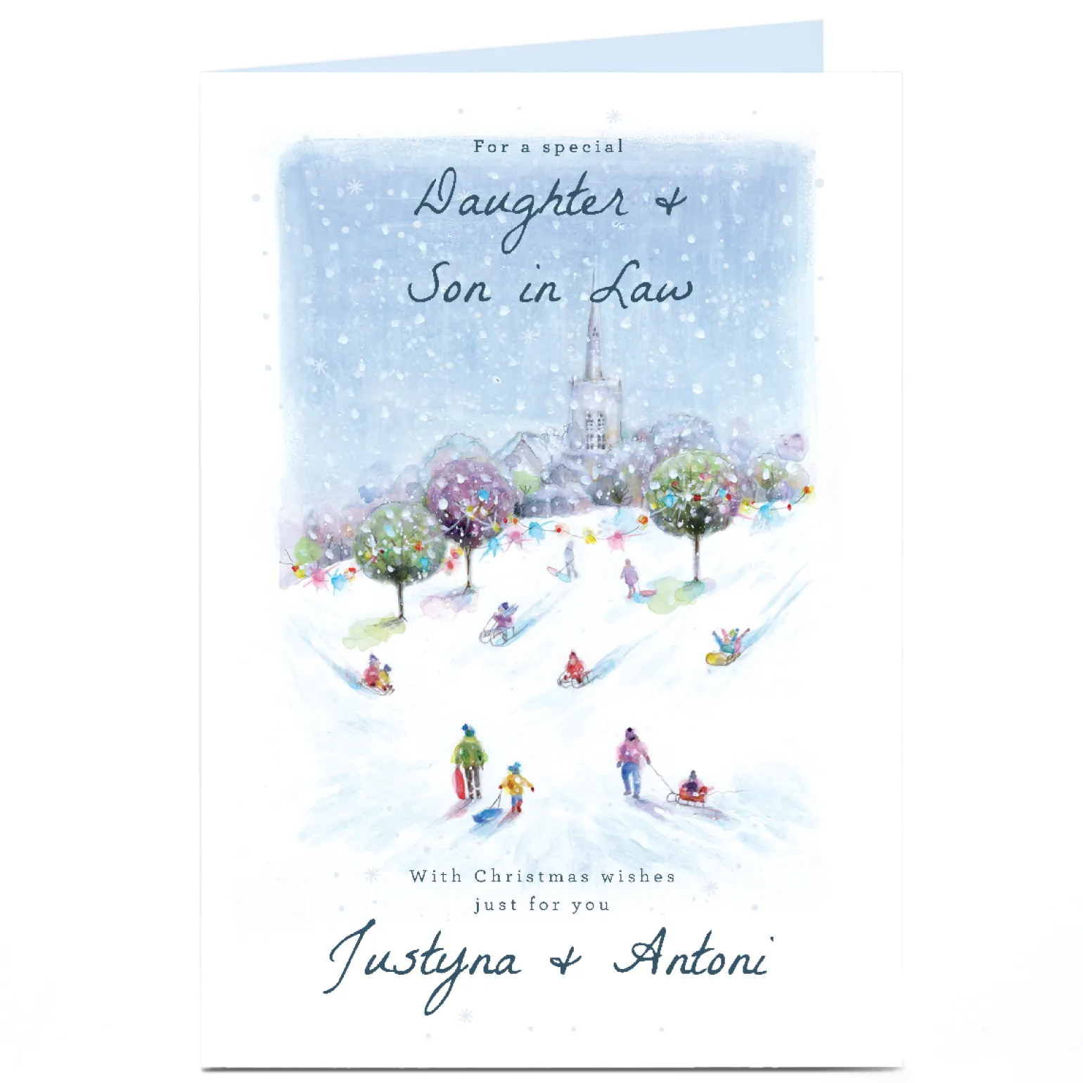 Personalised Christmas Card - Sledging Scene, Special Daughter and Son in Law