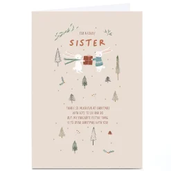 Personalised Christmas Card - White Rabbits with Present, Sister