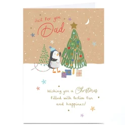Personalised Christmas Card - Penguin Decorating Tree, Dad