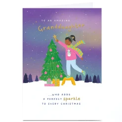 Personalised Christmas Card - Girl Dressing Tree, Granddaughter