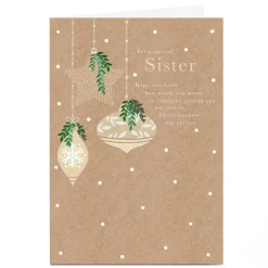 Personalised Christmas Card - Brown Paper with Baubles, Sister