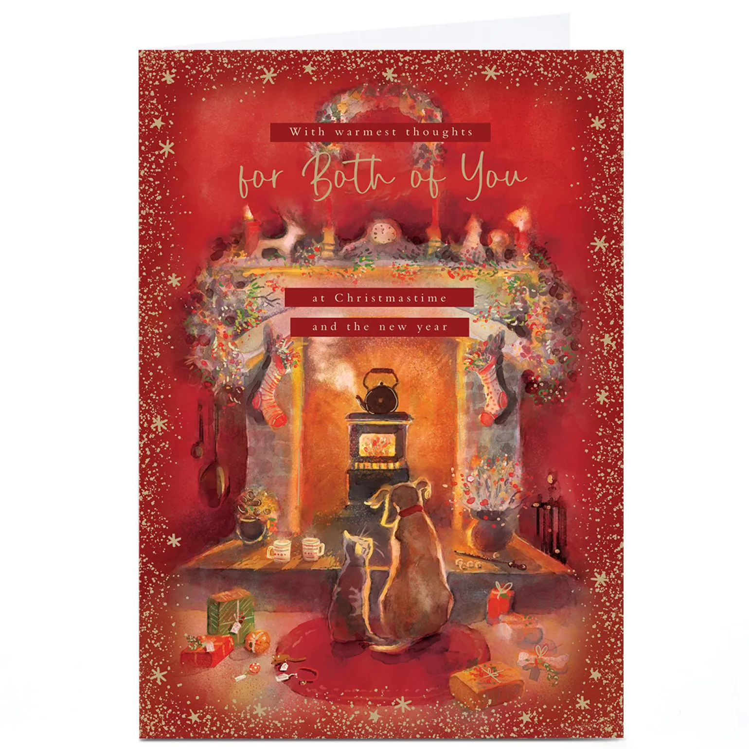 Personalised Christmas Card - Cat & Dog in Front of Fire, To Both of You