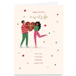 Personalised Christmas Card - Cute Characters Heart Present, Wife