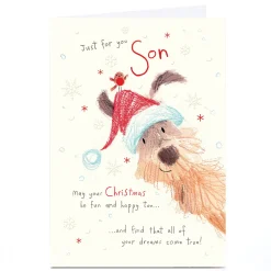Personalised Christmas Card - Fluffy Dog with Hat, Son