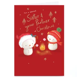 Personalised Christmas Card - Snowmen Toasting Marshmallows, Sister & Partner