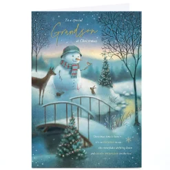 Personalised Christmas Card - Snowman Across a Bridge, Grandson