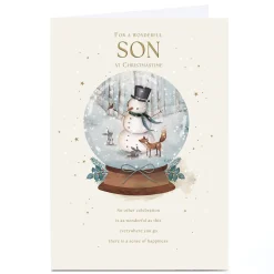 Personalised Christmas Card - Snowman Fox and Rabbits Snowglobe, Son