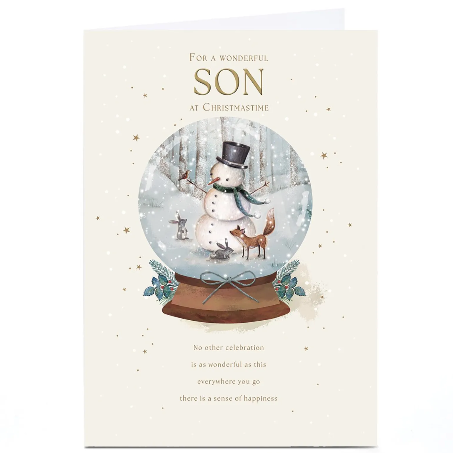 Personalised Christmas Card - Snowman Fox and Rabbits Snowglobe, Son
