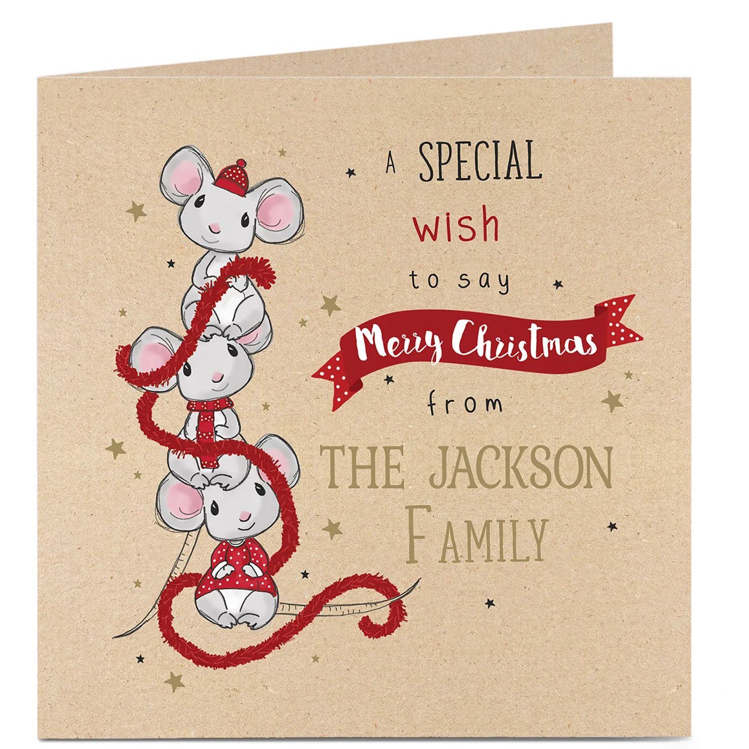 Personalised Christmas Card - Three Festive Mice With Tinsel