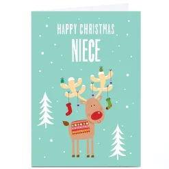 Personalised Christmas Card - Rudolph With Stockings on Antlers, Niece
