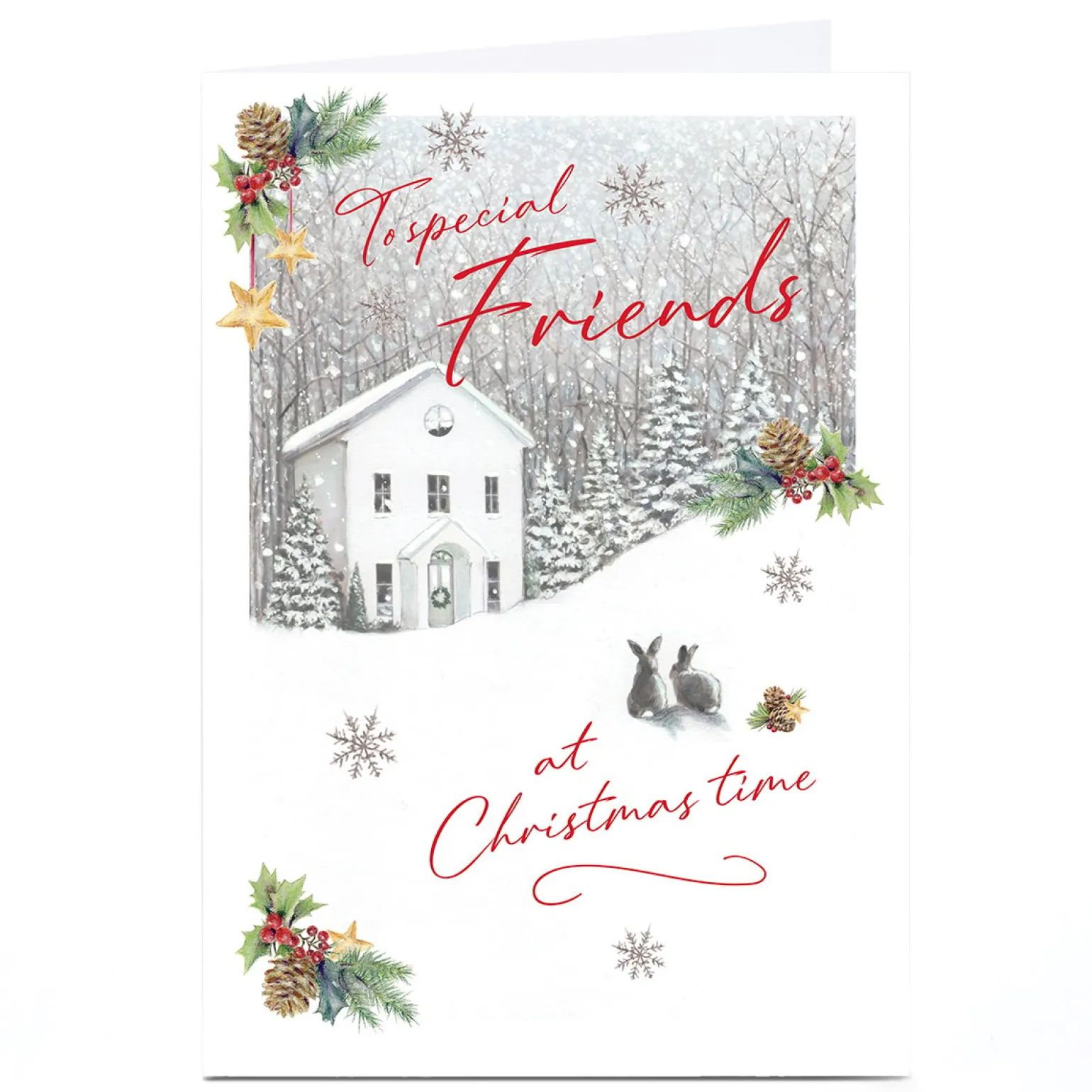 Personalised Christmas Card - House in Woods with Rabbits, Friends