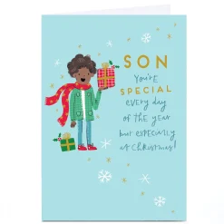 Personalised Christmas Card - Boy with Present, Son