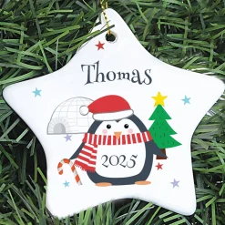 Personalised Christmas Penguin Ceramic Star Decoration