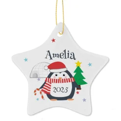 Personalised Christmas Penguin Ceramic Star Decoration
