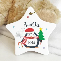Personalised Christmas Penguin Ceramic Star Decoration