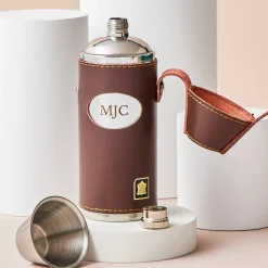 Personalised Engraved Brown Leather Hunter Flask with Cups