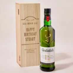 Personalised Glenfiddich Wooden Whisky Gift Box - Happy Birthday, Vintage Year