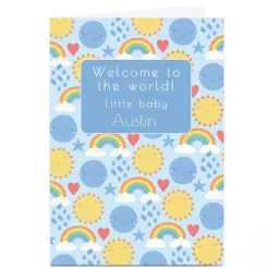 Personalised Hannah Steele New Baby Card - Rainbows, Blue