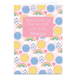 Personalised Hannah Steele New Baby Card - Rainbows, Pink