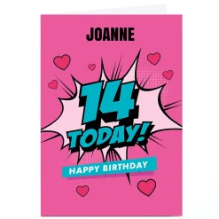 Personalised Hello Munki 14th Birthday Card - Pink Comic